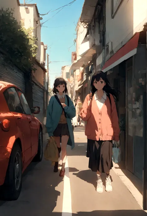 two female teenagers walk down the street with only a small sign in their hand, ground vehicle, multiple girls, car, motor vehicle, 2girls, socks, black hair, bag, sleeves past wrists, cardigan, , shoes