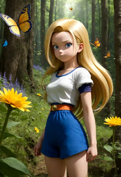 1girl, android18 from "Dragon Ball", Walking alone in a peaceful forest, her golden hair fluttering gently in the breeze. She stopped and crouched down to observe a butterfly dancing gracefully among the flowers. Her eyes showed appreciation and respect fo...