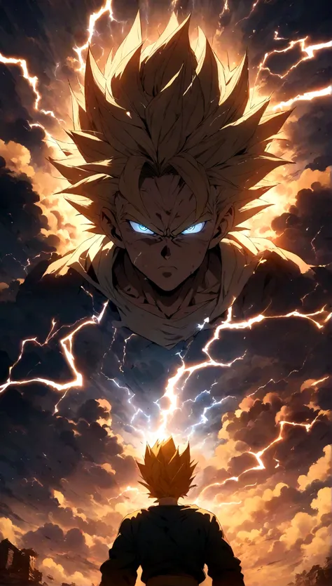 (Best quality, masterpieces,anime style,style of akira toriyama:1.1)，super saiyan，Bursting air,amazing, wind,clouds, lightning,thunder