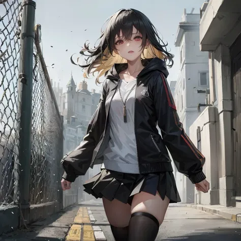 anime girl walking down the street in black jacket and skirt, girls frontline style, girls frontline cg, artwork in the style of...