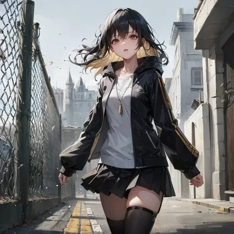 anime girl walking down the street in black jacket and skirt, girls frontline style, girls frontline cg, artwork in the style of...