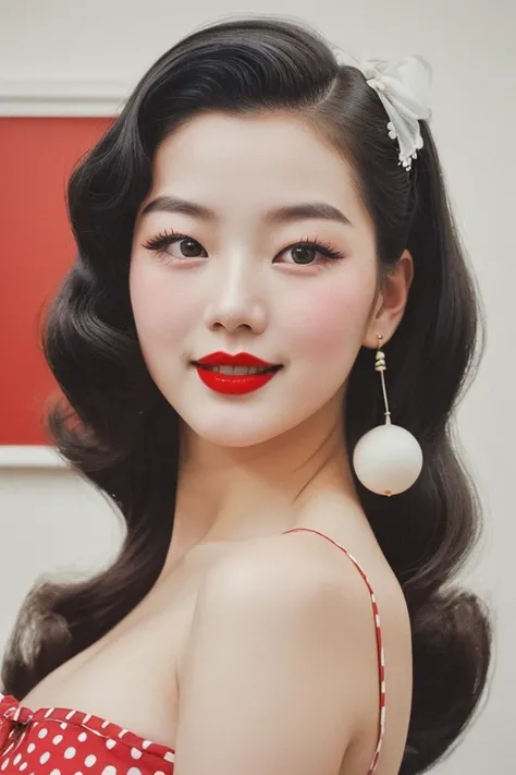 1952, Seoul, (1 korean young girl), minimalist, 1950s Watercolor, Pen and Ink, a 25 years girl in retro fashion, big breasts, strikingly beautiful, delicate facial features, porcelain skin, expressive eyes, black hair, red lips, (hairstyle of the 1950s),((...