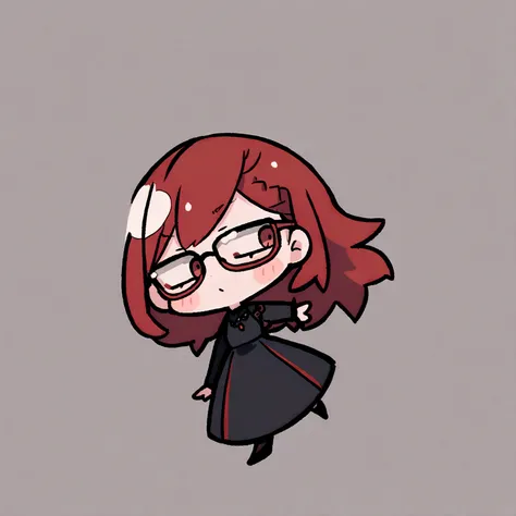 a chibi female with a black dress, red long hair and glasses on