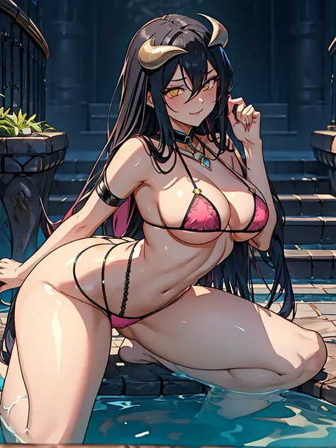 masutepiece, Detailed, Best Quality, Beautiful Girl, very small lace translucent bikini, Shackles, stock, Troubled face, big pool (prison), black hair sexy girl 1girl in, albedo from overlord character, blonde female, Blunt bangs, Big breasts, Amused expre...