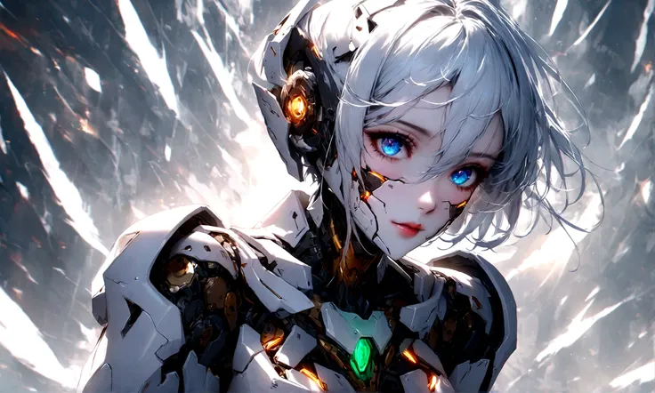 there is a woman with a futuristic head and a futuristic face, cyborg - girl, cyborg girl, beutiful white girl cyborg, beutiful girl cyborg, cyborg woman, cute cyborg girl, intricate transhuman, perfect cyborg female, robot girl, beautiful cyborg girl, per...