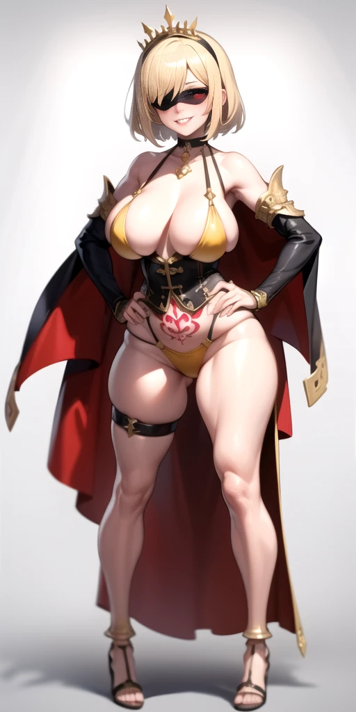 Two long thighs, yellow eyes, blonde hair, short hair, large breasts, detached sleeves, very white background, royal tiara, long cape, yellow tiger bikini, high heels, hands on hips. red tattoo on belly navel, full body female MILF BIMBO, lustful smirking ...