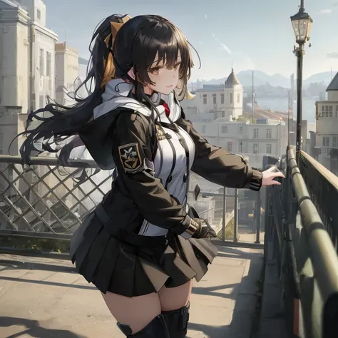 anime girl in uniform standing on bridge with city background, best anime 4k konachan wallpaper, fine details. girls' frontline,...