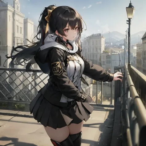 anime girl in uniform standing on bridge with city background, best anime 4k konachan wallpaper, fine details. girls' frontline,...