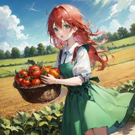 red-haired anime girl with basket of tomatoes in field, official art, sakimichan, rin, art promotional, trending on artstation p...