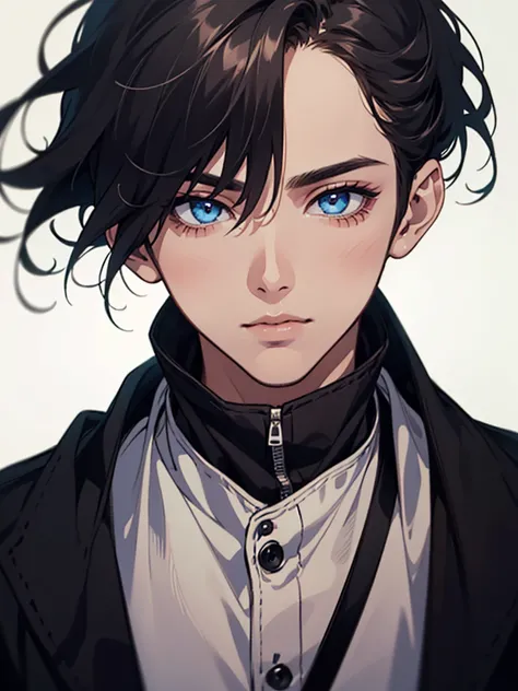 ((highest quality, masterpiece, 8k, finely detailed, detailed eyes, detailed face, gelbooru, pixiv)), warm lighting, ((solo)), A young man wearing a black hooded jacket over a white shirt with imprint of lord of light, 1boy, upper body, black hair, blues e...