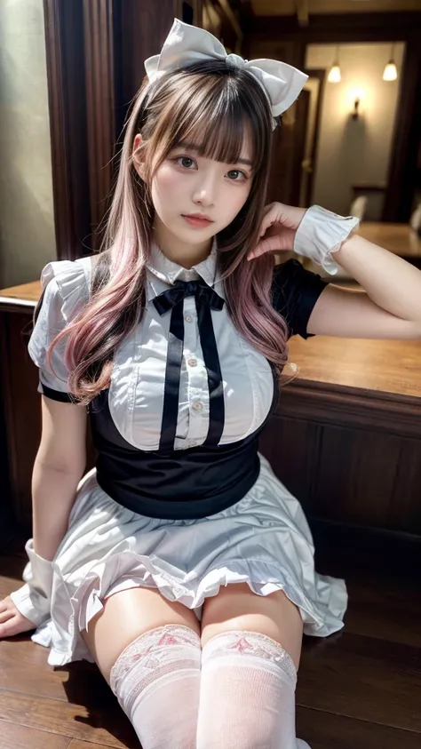 mature woman、pink hair、light gray hair、((two-tone hair))、white lolita dress with delicate pink decoration、slender women、cute wom...