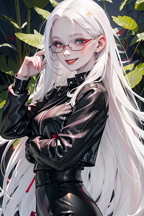 (black clothing), Cute 18 yo (albino:1.4)woman of Slavic descent.(short:1.1), , long white hair, gray eyes, ((very pale:1.4)). Innocent look. Gentle spirit.(virgin), (joy:1.2),(smile:1.3). (Playful:1.2). Mascara, eyeglasses, red lipstick, Leather jacket, s...