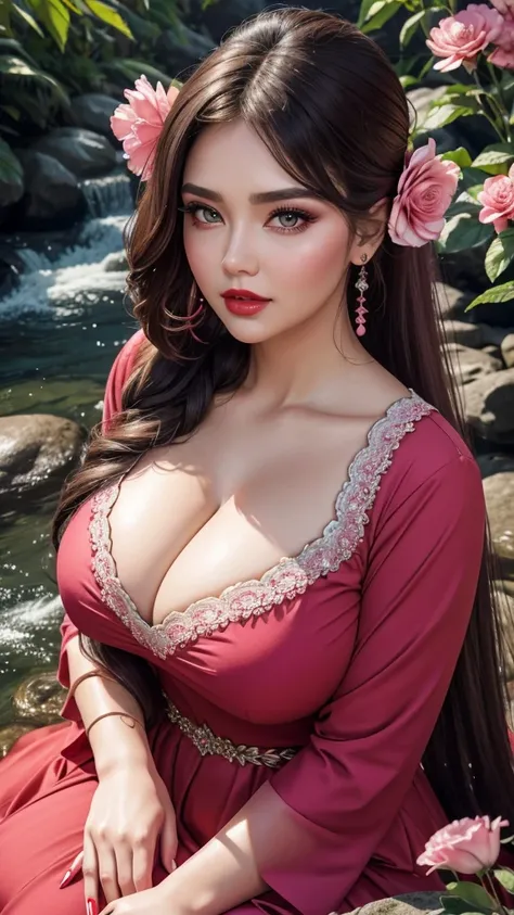 {Ultra HD, 4K, HDR, 8K, close up}, ((Rich married woman in the nature stream, heavenly goddess, BBW, voluptuous, SSBBW, thick, age 35, light smirk, wearing loose pink dress, looking like Mom)), (((long straight ponytail hairs with red flower equipped, red ...