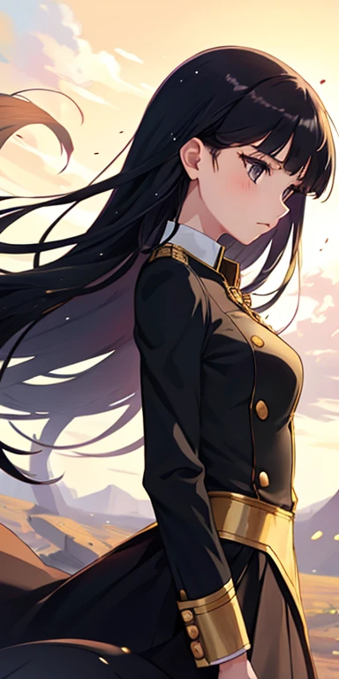 anime girl, all black uniform, gold buttons, long skirt, long black hair with bangs, black eyes, beautiful, small breasts, stoic, slender, calm, gold lines on skirt intricate, wind blowing in hair, side view, looking away, reaching out in front