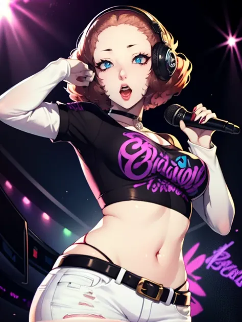 haru okumura (persona),earrings ,lipstick, eye shadow, makeup, 1girl, solo, black t-shirt, white shirt, blue jeans, belt, lipsti...