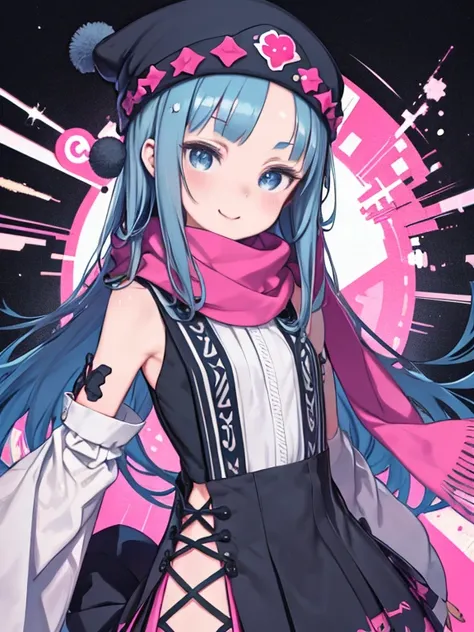 Pakkundon, One girl, blue eyes, Blue Hair, Long Hair, Side Lock, Hair Clip, Beanie, Black Dress, No sleeve, Pink Skirt, scarf, smile, Absurd, ultra detailed, masterpiece, highest quality, beautiful, detailed,