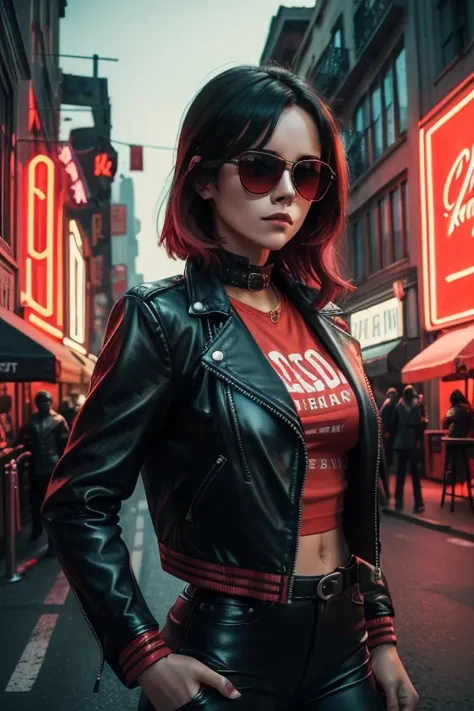 A woman in a leather jacket with red sunglasses and a city behind her, in the style of neon realism, charming characters, action paintings, gadgetpunk, solapunk, colorful street scenes, crimson and amber