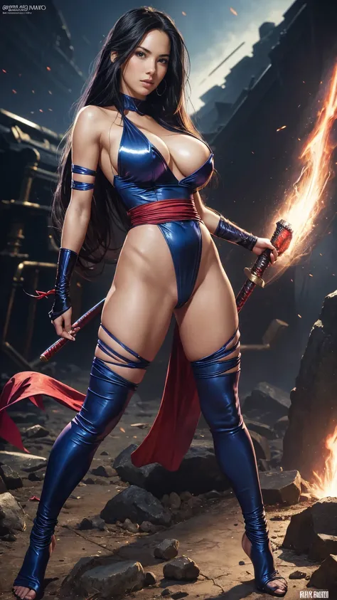 Art image of Olivia Munn as Psylocke, busty, beautiful, dark blue costume with red sash at her waist black hair, large breasts, by Louis Royo, Boris Vallejo, J. Scott Campbell, extreme focus, sharp details, sexy,  oily skin, show feet, full body