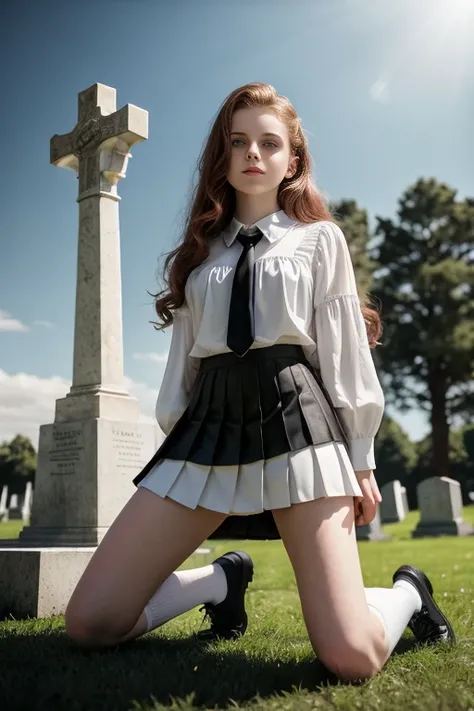 masterpiece, best quality, hyperrealistic, cinematic photo, 12 year old girl, pale skin, irish amazing slim body, White blouse, black pleated skirt, white knee-high socks, school black shoes, long auburn hair, large legs, perfect hands, beautiful face, per...