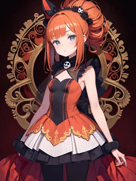 :Ashley, Red dress, skull, Orange hair band, pantyhose, Absurd, ultra detailed, masterpiece, highest quality, beautiful, detailed,