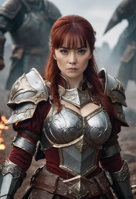 ８ｋ、masterpiece: a dwarf woman with dark red hair, wearing silver armor, big breasts,bust shot、with a big battle axe