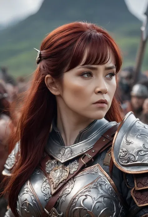 ８ｋ、masterpiece: a dwarf woman with dark red hair, wearing silver armor, big breasts,bust shot、with a big battle axe