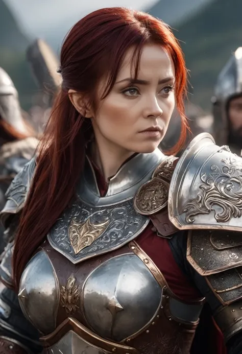 ８ｋ、masterpiece: a dwarf woman with dark red hair, wearing silver armor, big breasts,bust shot、with a big battle axe