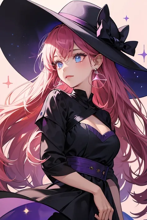 Melodytchi has a round, tan head with bright blue eyes and two pointed cat-like ears, which are hidden under a large, black hat with dark pinkish-red highlights. She wears purple, droplet-shaped earrings. SPARKLE; GLITTER