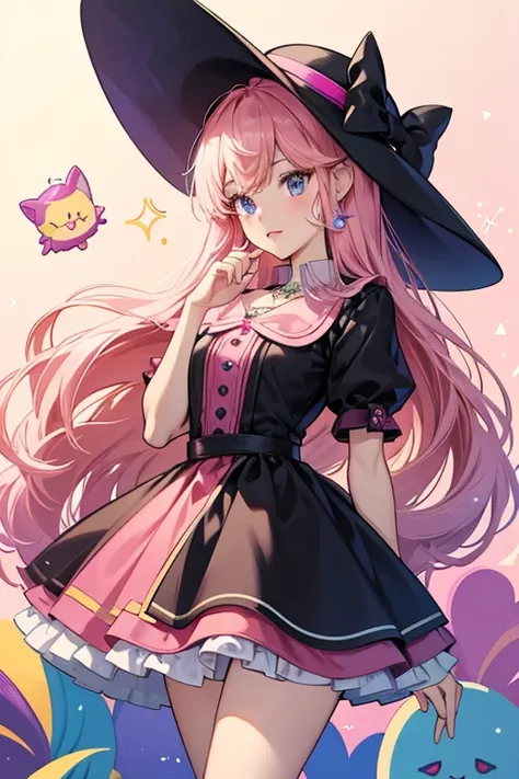 Melodytchi has a round, tan head with bright blue eyes and two pointed cat-like ears, which are hidden under a large, black hat with dark pinkish-red highlights. her original initial apparel consists of a beamed note brooch on her hat colored pinkish-purpl...