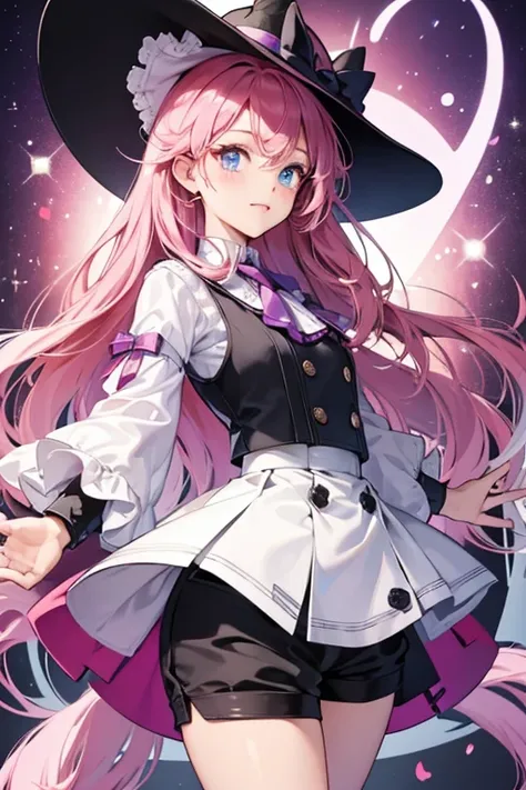 Melodytchi has a round, tan head with bright blue eyes and two pointed cat-like ears, which are hidden under a large, black hat with dark pinkish-red highlights. Her clothing was changed into violet overall shorts (with lighter violet buttons), and the bea...