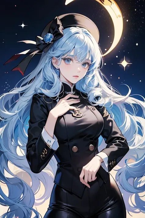 she has pale cream-colored skin and dark round eyes. sHe has fluffy light blue hair with curls resembling a g-clef and eighth note, and a darker blue curly . sHe wears a black hat shaped like a musical note, a red and white suit, and black pants. SPARKLE; ...