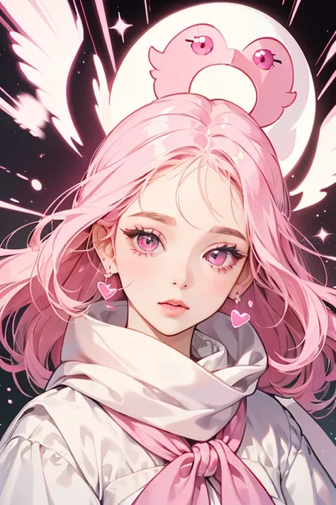 Melulutchi has pale cream skin, pink cheeks, and a pink beak. Her head looks like an envelope with a pink pointed flap. She has oval-shaped eyes with curled eyelashes. She wears a pink scarf with a white heart on it. the back of her head is plain with a bl...