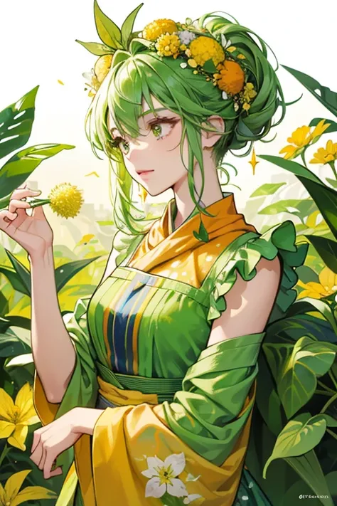 she is yellow with a leafy green bush on her head, adorned in a yellow flower and spots of various colors. sHe appears to be wearing a leafy green sleeveless shirt as well, and she has an orange scarf with a pompom at the end. SPARKLE; GLITTER