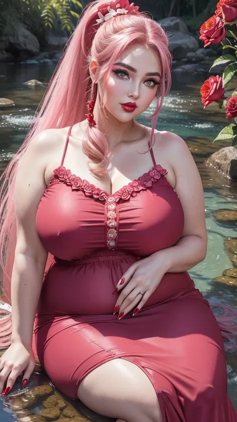 {Ultra HD, 4K, HDR, 8K, close up}, ((Rich married woman in the nature stream, heavenly goddess, BBW, voluptuous, SSBBW, thick, age 35, light smirk, wearing loose pink dress, sleeveless, looking like Mom)), (((long straight ponytail hairs with red flower eq...