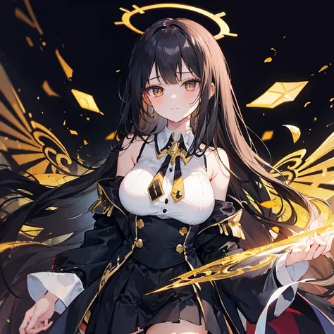 masterpiece, best quality, absurdres, 1girl, solo, long hair, hair intakes, dark hair, deep golden eyes, cocky, smirk, sleeveless white vest, black short skirt with gold lining, and a black, sleeved coat with a gold interior, halo, big breasts, thick thigh...