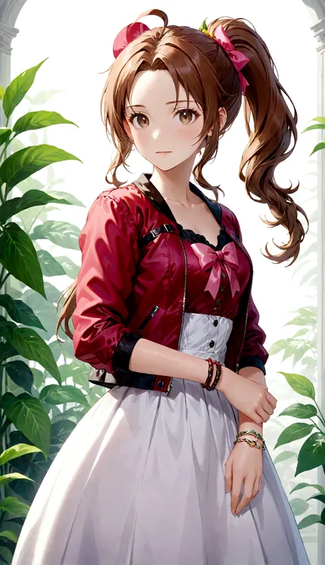 1 girl，Ponytail,bracelet，braid，braidPonytail，Brown hair，裁剪jacket，dress，jacket，Long skirt，Long hair，Pink bow，白色dress，红色jacket，solo,Aerith Gainsborough