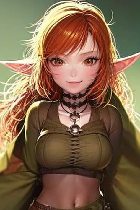 elf ears, leaf costume, ginger hair, 1girl, solo, upper body, facing viewer, looking at viewer, smile,