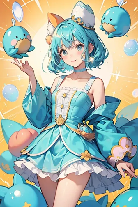 Mimitamatchi has a roundish blue body with a peach colored face. She seems to be wearing blue bottoms and egg shells as hair accessories. SPARKLE; GLITTER