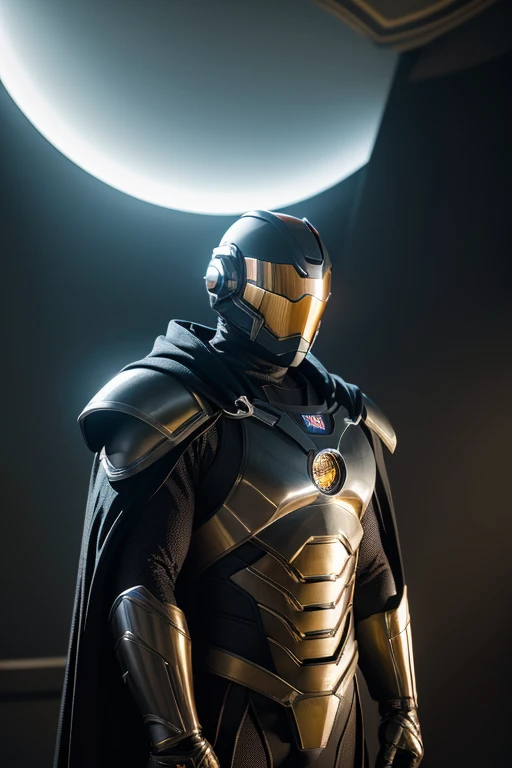 highres:1.2), ultra-detailed, realistic, superhero man, godly metal black armor, black cape, black gloves, black stripes on both sides of arms, no logo on armor, wears a black astronaut helmet with golden visor, superhero base, cinematic lighting, dramatic...