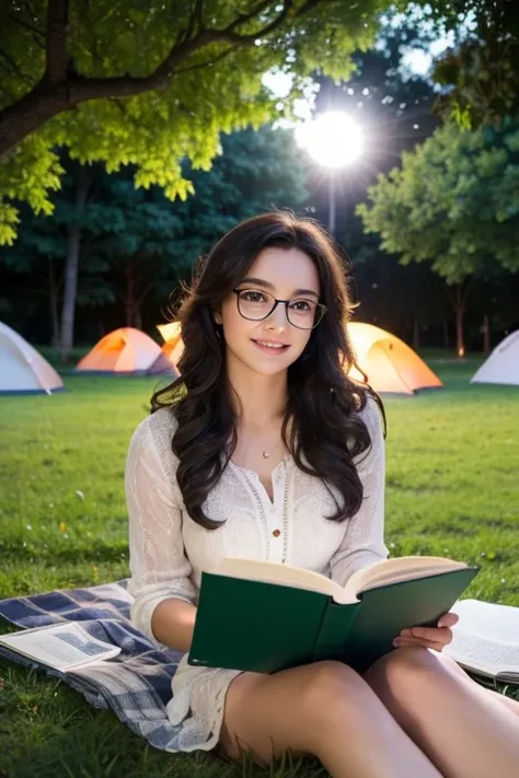 Young sits on the grass reading a book, long black curly hair, wearing glasses, delicate smile, bright brown eyes, looking up at the sky, lamp light, whole body, under a huge tree, farther view, a tent in the background, starry sky, illuminated night, phot...