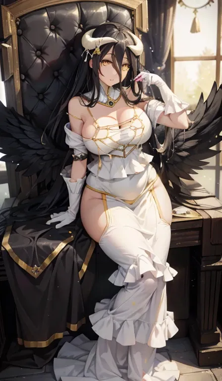 Japanese cartoons, HDR, Soft Light, ((best quality)), ((masterpiece)), (detailed), Albedo, Black Hair, Hair between the eyes, Yellow eyes, White Horn, Ahog , Black Wings, (Low Wing: 1.1), charming pose, Smile, Open your mouth, (((Large Breasts))) (((A plum...