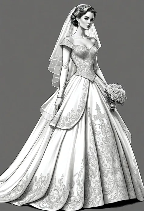 /I extremely detailed grayscale sketch of a Beautiful vintage wedding dress, full body, coloring page, outlined, white background