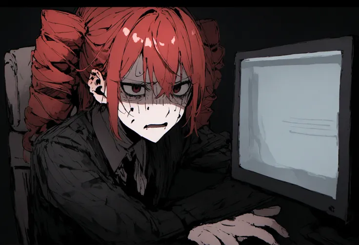 Red hair、Black Suit、Painful face、Sit in front of your computer