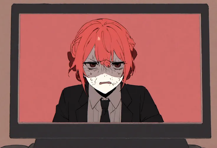 Red hair、Black Suit、Painful face、Sit in front of your computer