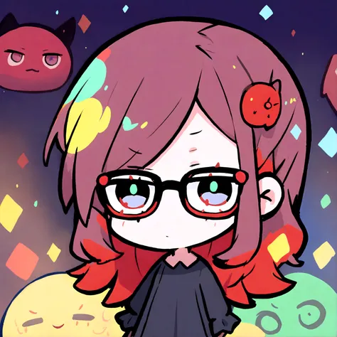 a chibi female with a black dress, red long hair and glasses on