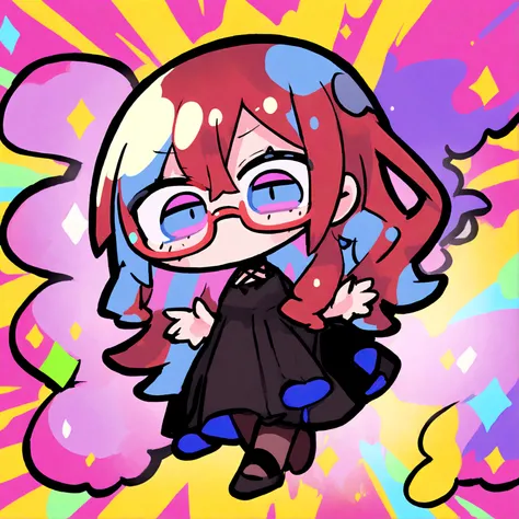 a chibi female with a black dress, red long hair and glasses on