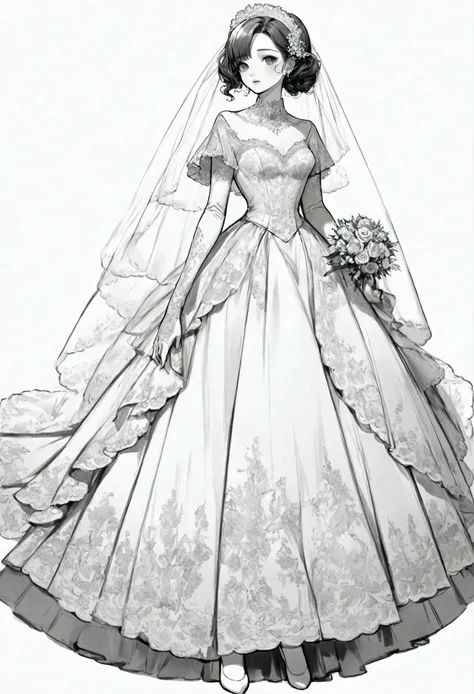 /I extremely detailed grayscale sketch of a Beautiful vintage wedding dress, full body, coloring page, outlined, white background