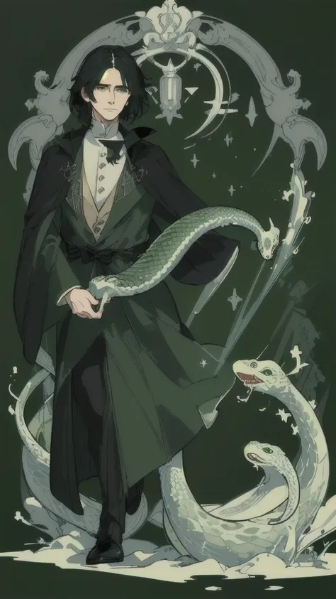 (((masterpiece))),(((bestquality))),((ultra-detailed)),(illustration),((anextremelydelicateandbeautiful)),dynamicangle,floating,(beautifuldetailedeyes),(detailedlight) severus snape, dark green background, potion bottles, snakes