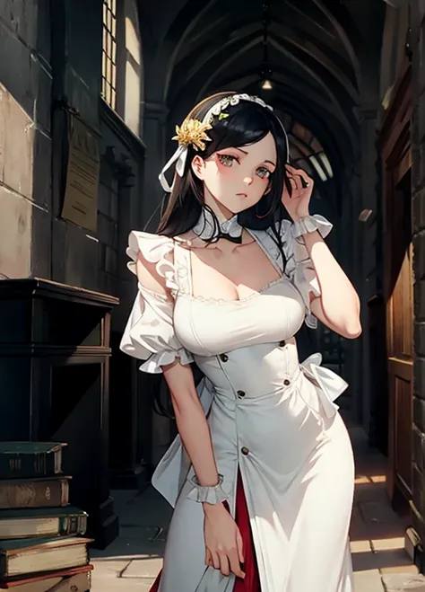 Overlord&#39;s albedo, Popular on Pixiv, Popular anime surrealism, White Devils Horn,There are black feathers on the waist,,,,, Curvy, Signature White Dress, Iconic poses in the mansion,(Huge breasts:1.2)(((Large Breasts))) (((A plump teardrop-shaped chest...