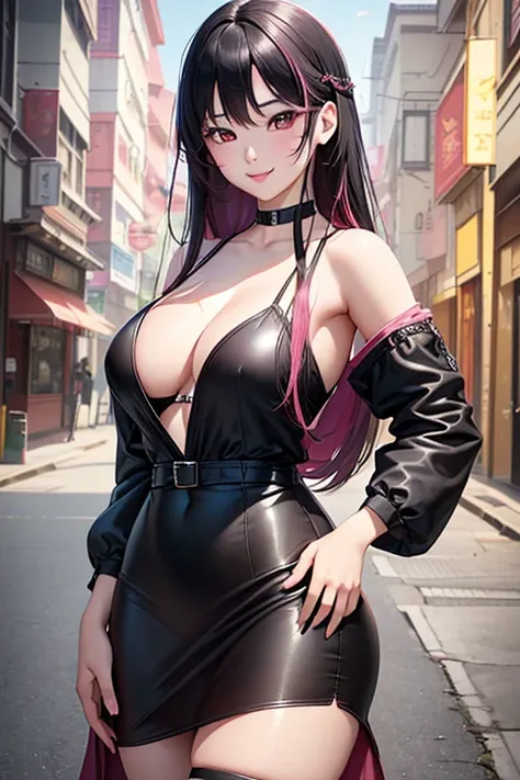 a beautiful 21 year old korean girl, long slightly waved black hair with pink highlights, sharp rosy eyes, playful smile, anime realism style, portrait, (best quality,4k,8k,highres,masterpiece:1.2),ultra-detailed,(realistic,photorealistic,photo-realistic:1...